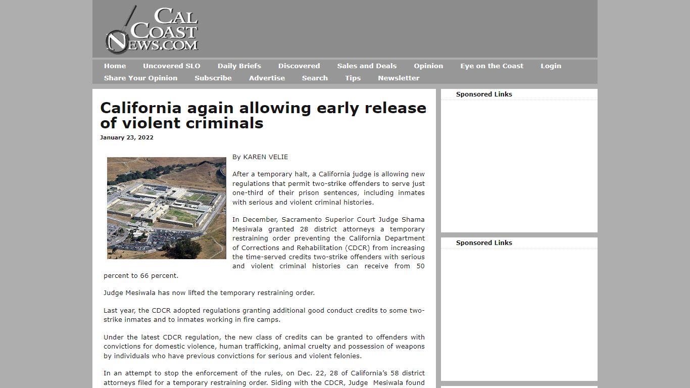 California again allowing early release of violent criminals